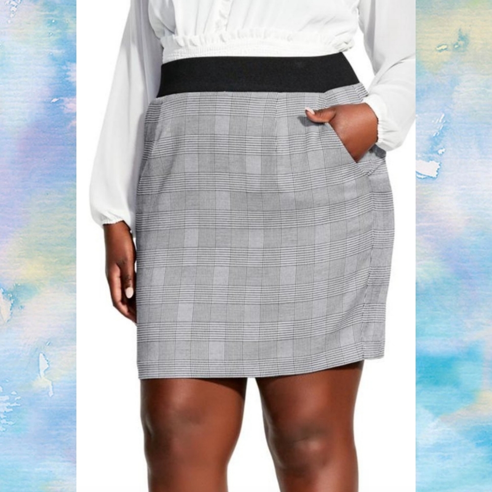 City Chic Glen Plaid Skirt, Black NWT